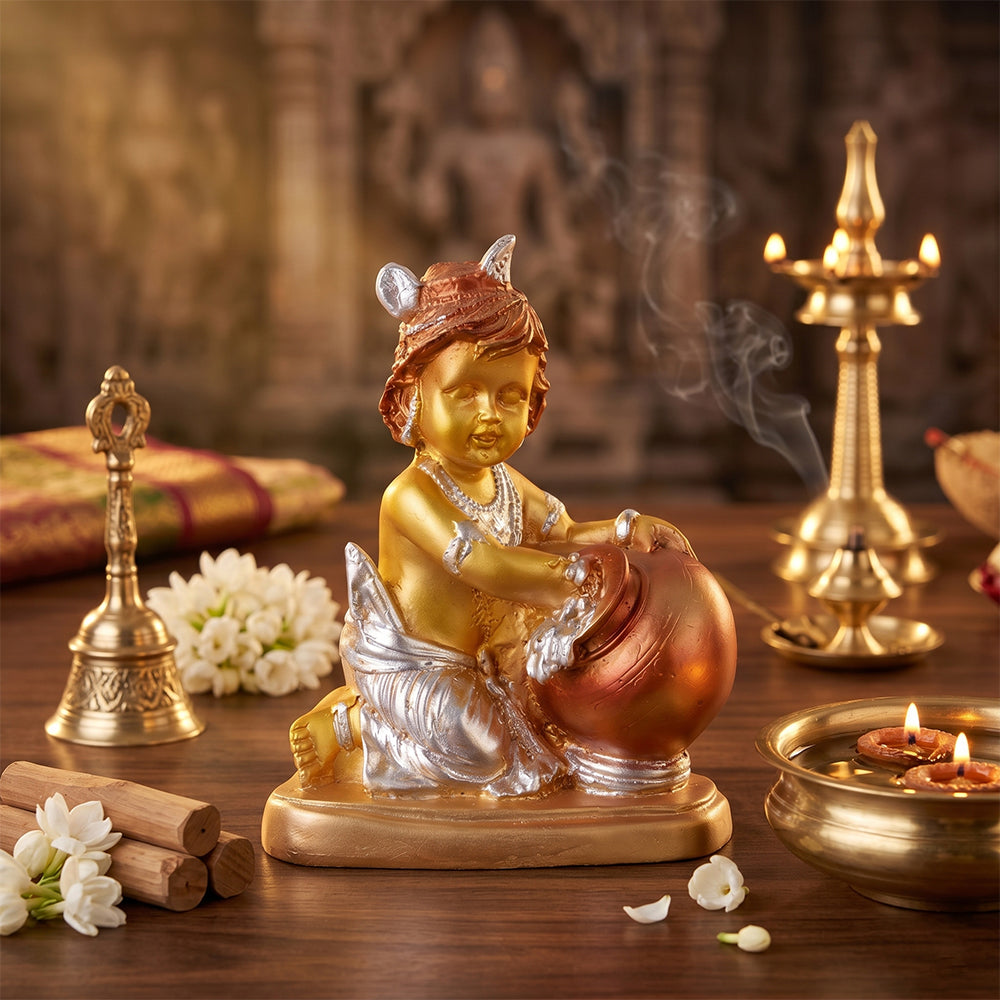 Premium Silver & Gold Antique Laddu Gopal Resin Statue