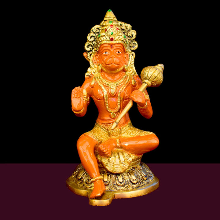 7.9 Inch Shree Kesari Hanuman Sitting Brass Idol with fine detailing, symbolizing strength, devotion, and protection – perfect for pooja room, home temple, or as a spiritual gift. No.1 Brass Idol Store www.satvikstore.in