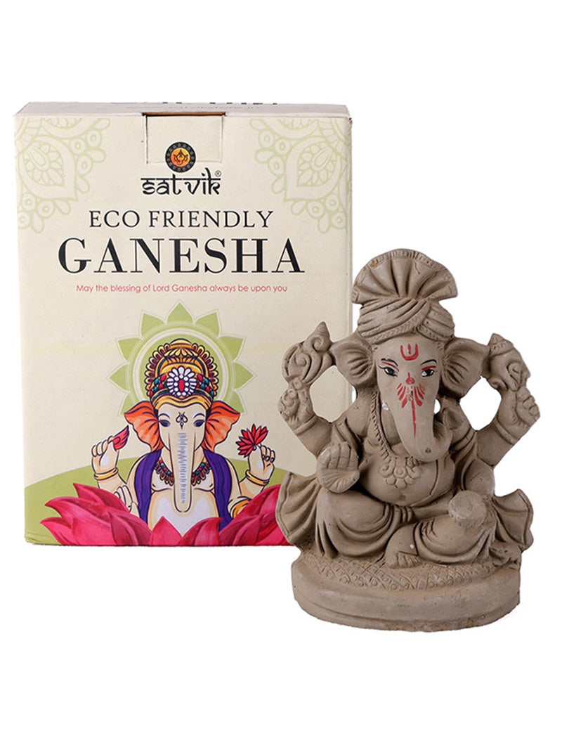 6 Inch Traditional Eco-Friendly Natural Clay Ganesha Idol with Pagdi