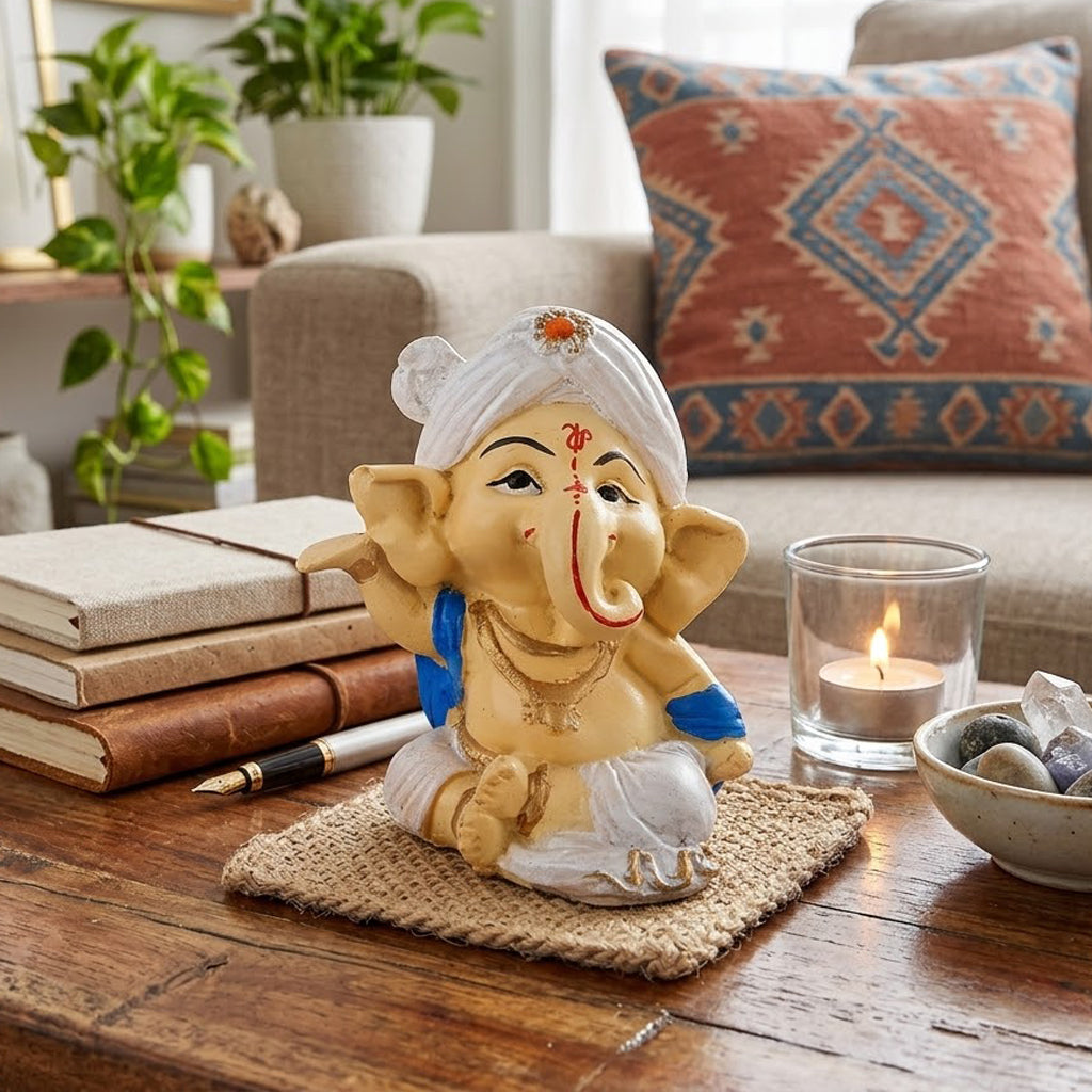 Premium Hand-Painted Bal Ganpati Turban Resin Statue