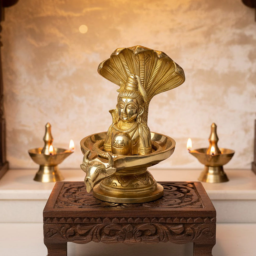 8.3 Inch Handcrafted Brass Shivalingam Idol featuring Naga Hood and Nandi. India's No.1 Brass Idol Store www.satvikstore.in