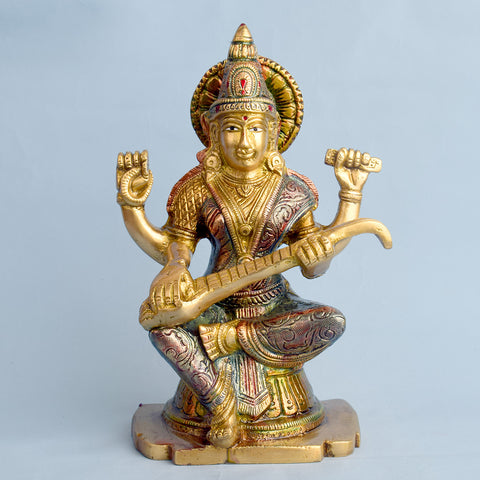 8.7 Inch Divine Brass Saraswati Maa Idol | Goddess Statue Brass Statue featuring intricate detailing, perfect for spiritual home decor, temple worship, and devotional gifting. Indiaβs Largest Brass Idols Brand - www.satvikstore.in