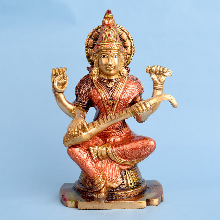 8.7 Inch Goddess Saraswati Mata Idol Brass Statue featuring intricate detailing, perfect for spiritual home decor, temple worship, and devotional gifting. Indiaβs Largest Brass Idols Brand - www.satvikstore.in