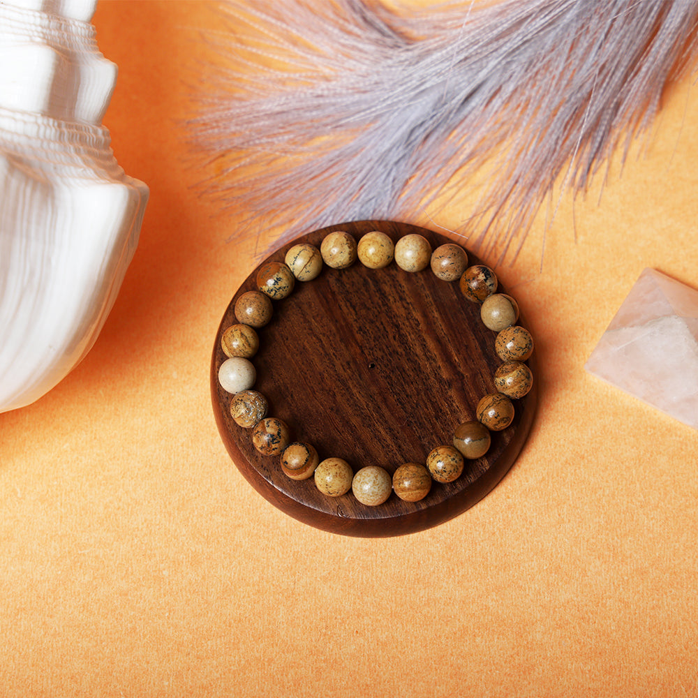 8mm Picture Jasper bracelet designed for grounding, emotional stability, and deep inner peace. India’s Largest Pooja Accessories Brand – www.satvikstore.in