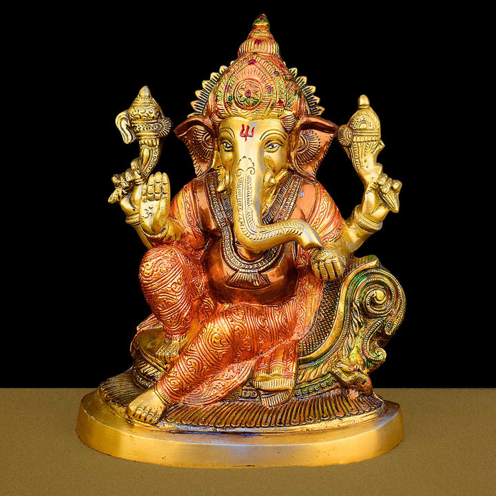 9.1-inch Lord Ganesh brass idol featuring Ganesh Ji in a blessing pose, ideal for home temples, pooja rooms, and spiritual decor. India’s Largest Brass Idols Brand - www.satvikstore.in