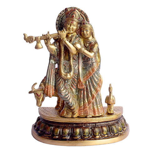 9.3 Inch Radha and Krishna with Cow Brass Statue featuring intricate detailing, perfect for spiritual home decor, temple worship, and devotional gifting. Indiaβs Largest Brass Idols Brand - www.satvikstore.in