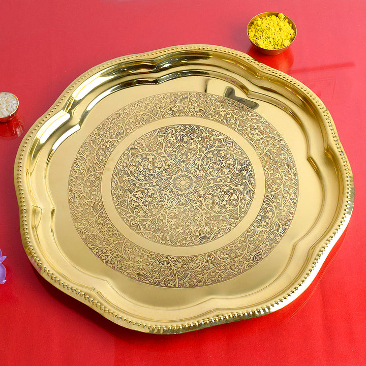 9.5 Inch Brass Decorative Engraved Aarti Puja Thali with intricate traditional patterns β ideal for Hindu rituals and festive aarti ceremonies Indiaβs Largest Pooja Accessories Brand β www.satvikstore.in