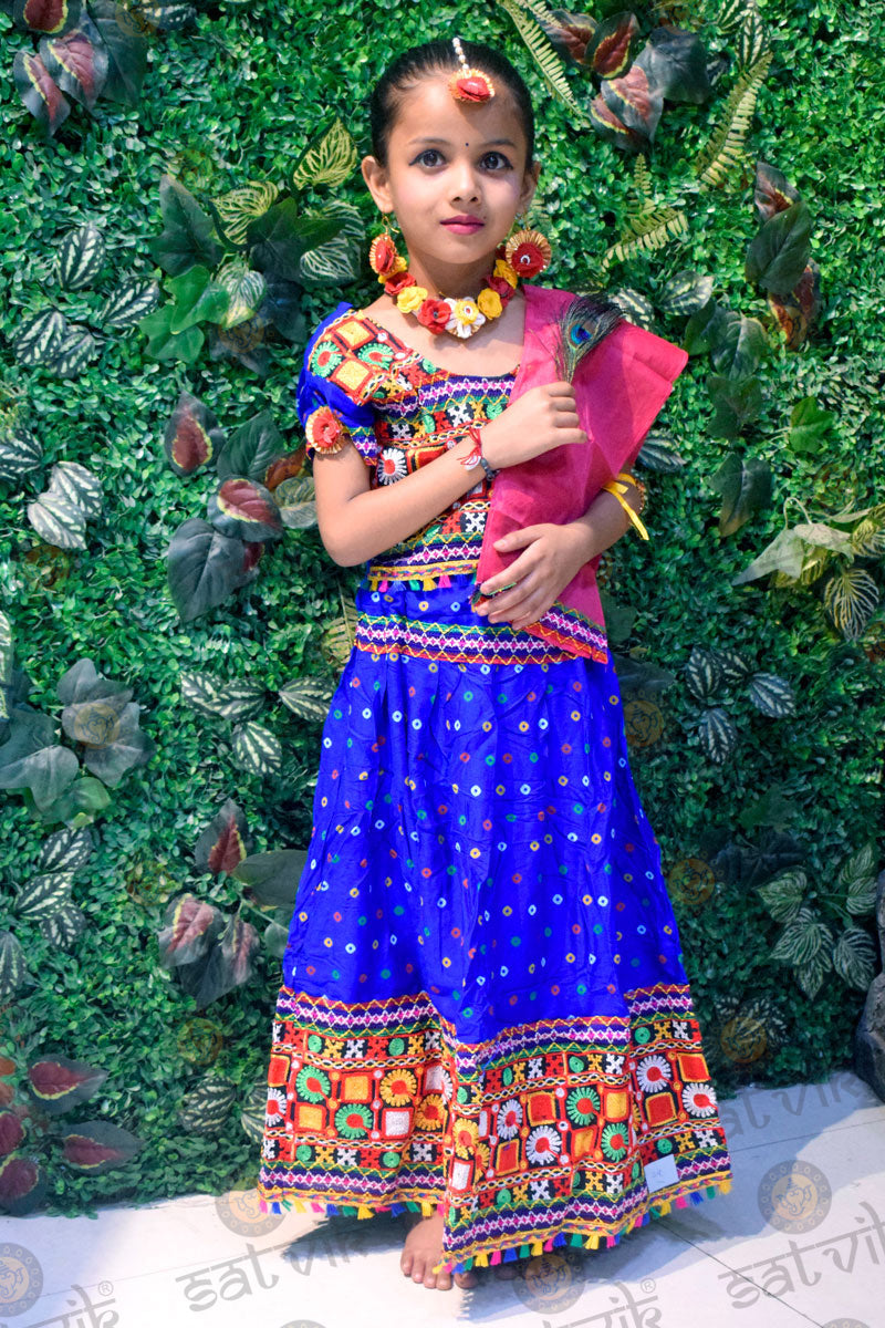 Elegant Blue Phulkari Radha Dress for Girls β With Pink Dupatta