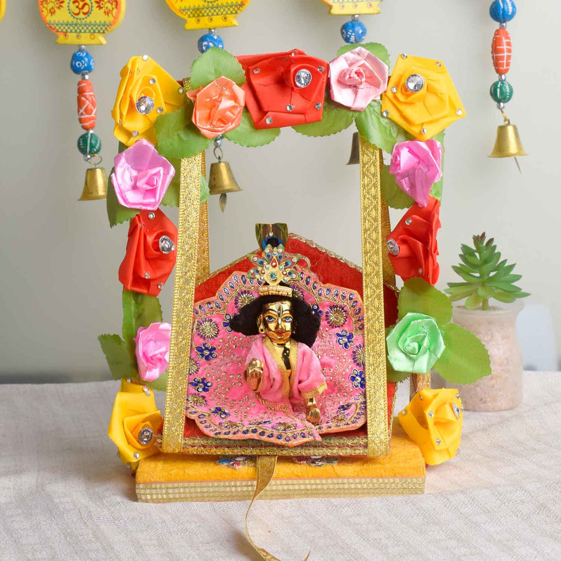 Royal Wooden Velvet Jhula – Floral Gota Swing for Laddu Gopal