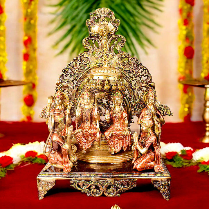 Large Brass Idol of 23 Inch Elegant Brass Ram Darbar Idol. This Elegant Brass Ram Darbar Idol beautifully captures the essence of divinity and royalty. Crafted with intricate detailing, it showcases Lord Ram in a regal pose, symbolizing strength, devotion, and grace.