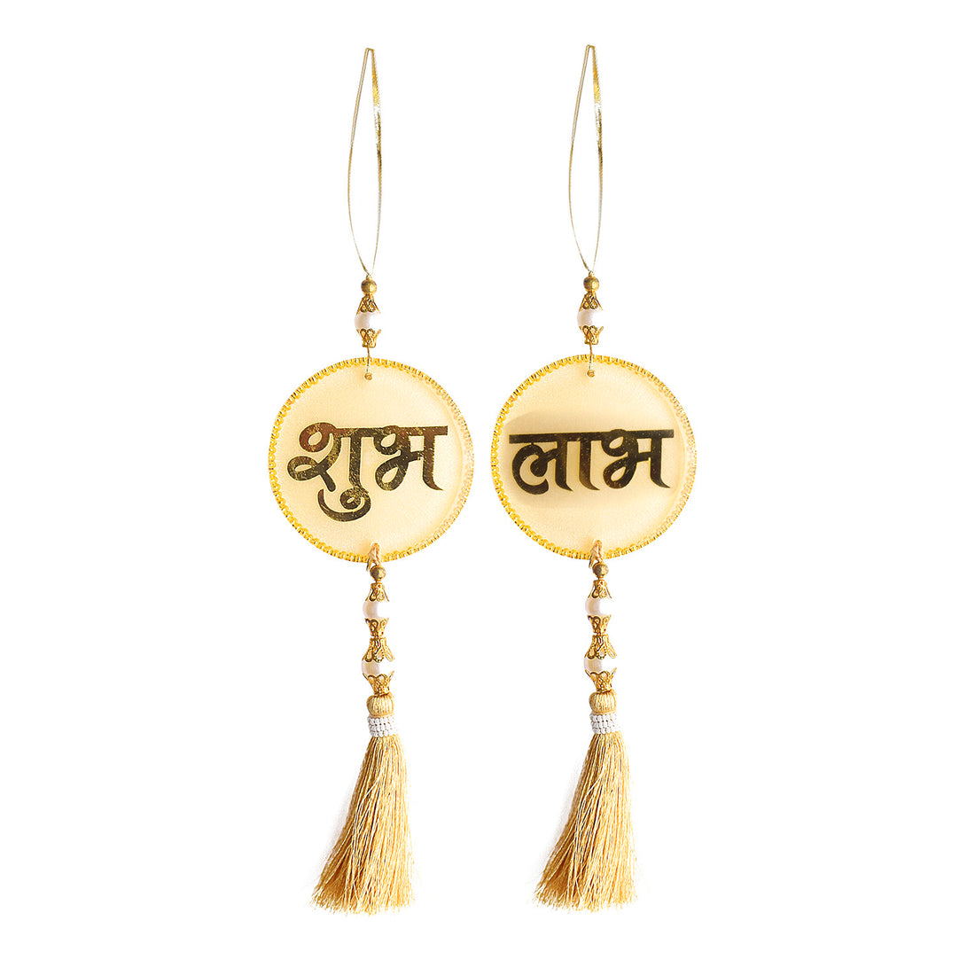 Resin Shubh Labh With Tassels Latkans 1 Pair For Wall Decoration