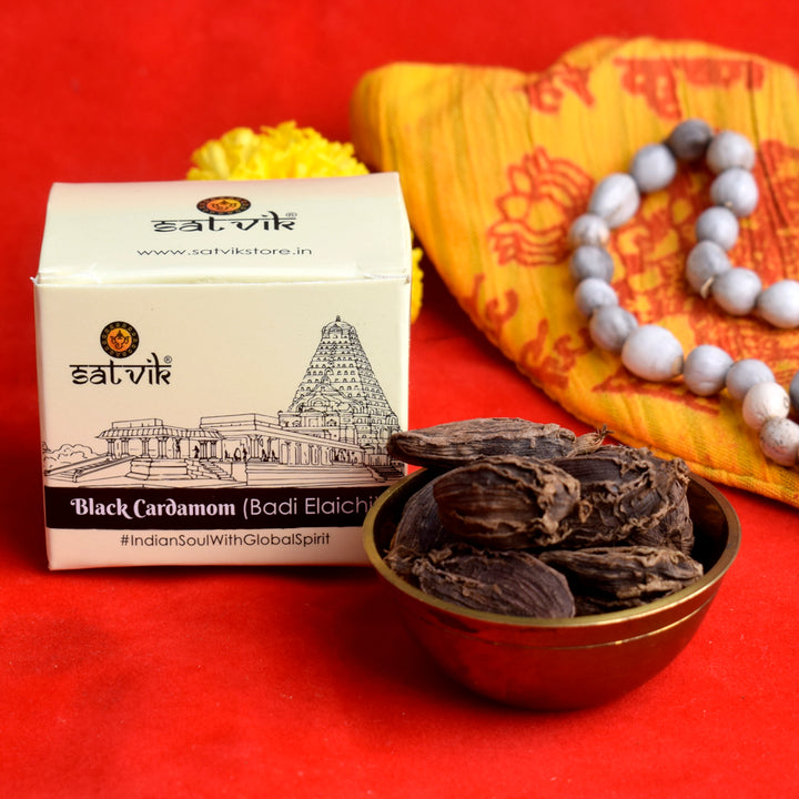 Black Cardamom (Badi Elaichi) 10gm is a strong, aromatic spice used in pooja and rituals to purify the atmosphere and invoke blessings during religious ceremonies, enhancing spiritual connections β Indiaβs Largest Pooja Accessories Brand β www.satvikstore.in