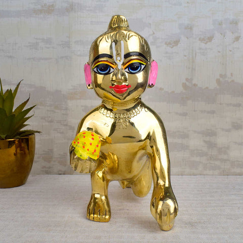 Brass Bal Gopal Idol (Size 10) depicting Laddu Gopal in a playful pose for home temple worship. Indiaβs Largest Pooja Accessories Brand - www.satvikstore.in