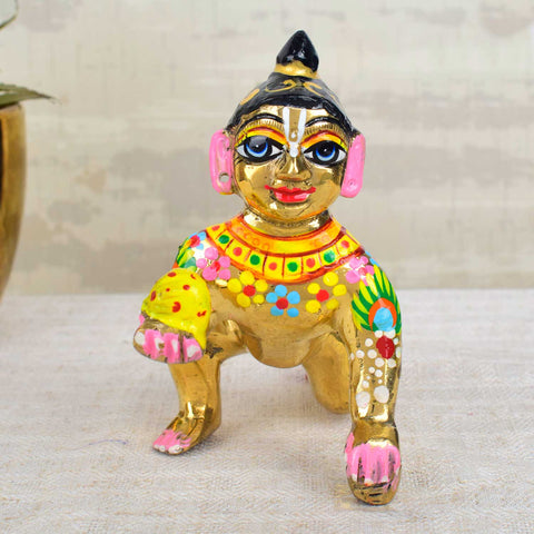 Brass Bal Gopal Idol (Size 5) depicting Laddu Gopal in a playful pose for home temple worship. Indiaβs Largest Pooja Accessories Brand - www.satvikstore.in