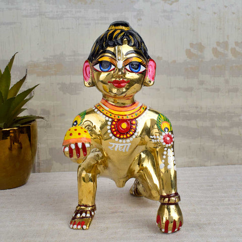 Brass Bal Gopal Idol (Size 10) depicting Laddu Gopal in a playful pose for home temple worship. Indiaβs Largest Pooja Accessories Brand - www.satvikstore.in
