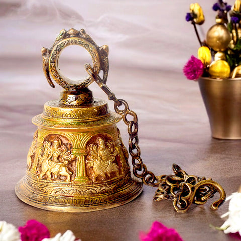 30.3 Inch Brass Temple Bell (Ghanta) with Embossed Sherawali Mata β Perfect for Durga Temples, Home Mandirs, and Spiritual Decor. India's Largest Puja Accessories Brand - Satvik No. 1 Brass Idol Collection