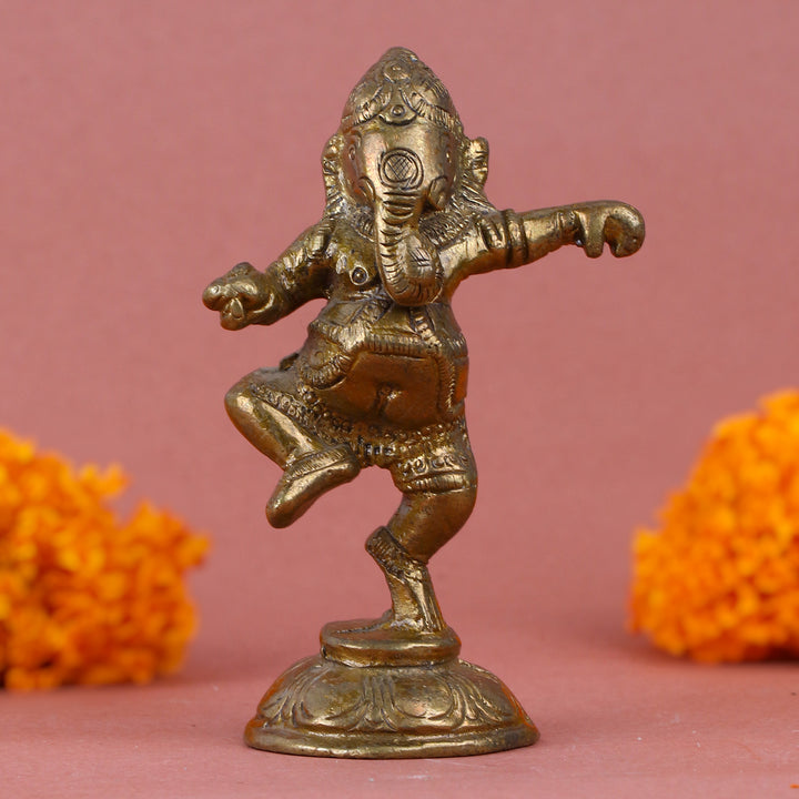 3.5 Inch brass Dancing Ganesh idol showcasing Lord Ganesha in a graceful dance pose, ideal for home decor and spiritual ambiance. No.1 Brass Idol Store www.satvikstore.in
