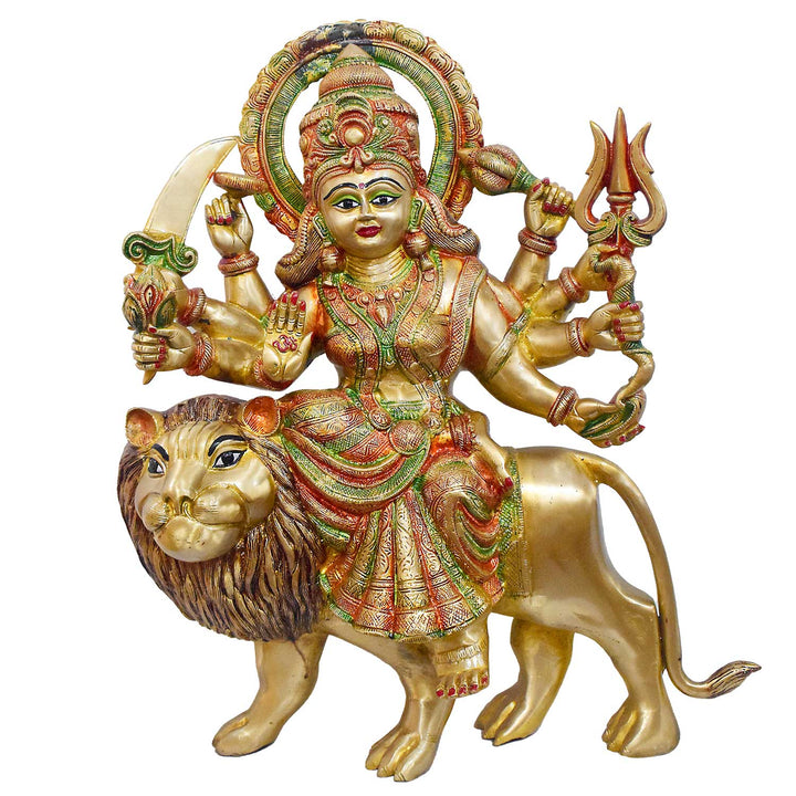 Handcrafted brass statue of Durga Maa seated on her lion vahana, holding multiple weapons including a sword and trident, glossy finish, weight 24850 grams, height 60 cm (approximately 23.62 inches), length 42 cm (approximately 16.54 inches). Best for VIP Gift, best for big premium gift, best for your temple. India's Largest Puja Accessories Brand - Satvik No. 1 Brass Idol Collection