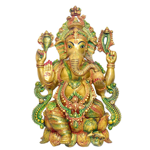 Temple-size brass Ganesha idol with glossy finish β 54 cm (21 inches) height, 37 cm (14.5 inches) length, and 20850 grams (20.85 kg) weight. This handcrafted temple-size murti is made from high-quality brass, perfect for home temples, puja, and gifting. Buy premium temple-size statues from India's Large Puja Accessories Brand - Satvik India's No. 1  Brass Collection