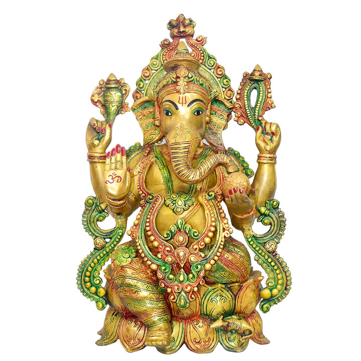Temple-size brass Ganesha idol with glossy finish β 54 cm (21 inches) height, 37 cm (14.5 inches) length, and 20850 grams (20.85 kg) weight. This handcrafted temple-size murti is made from high-quality brass, perfect for home temples, puja, and gifting. Buy premium temple-size statues from India's Large Puja Accessories Brand - Satvik India's No. 1  Brass Collection