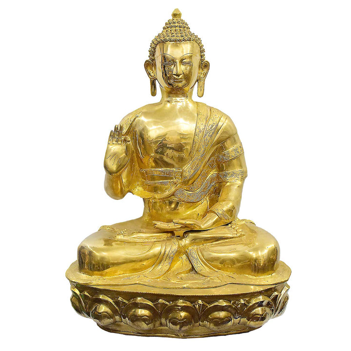 Handcrafted brass statue of Buddha seated in the Abhaya Mudra (gesture of fearlessness and protection) on a lotus pedestal. Best for VIP Gift, best for big premium gift, best for your meditation space, symbol of peace and enlightenment. India's Largest Puja Accessories Brand - Satvik No. 1 Brass Idol Collection