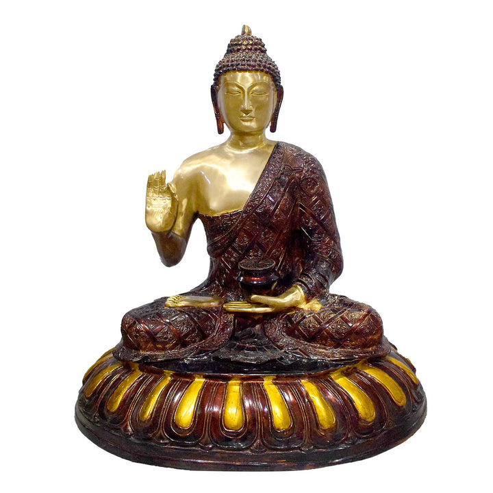 Handcrafted large brass statue of Buddha seated in the Abhaya Mudra (gesture of fearlessness and protection) on an ornate lotus pedestal with a dark finish, glossy accents, weight 50000 grams (50 kg), height 75 cm (approximately 29.53 inches), length 64 cm (approximately 25.2 inches). Best for VIP Gift, best for big premium gift, best for your meditation space, symbol of peace and enlightenment. India's Large Puja Accessories Brand - Satvikstore.in