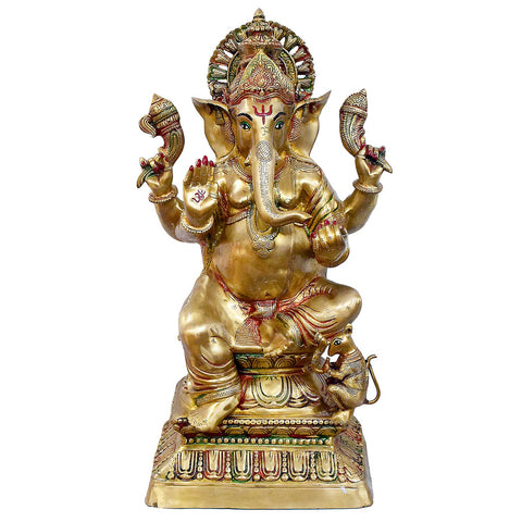 A handcrafted large brass statue of Lord Ganesha in a seated posture, glossy finish, weight 33400 grams, height 78 cm, length 42 cm. Best for a VIP Gift, best for a big premium gift, best for your temple. India's Largest Puja Accessories Brand - Satvik No. 1 Brass Idol Collection