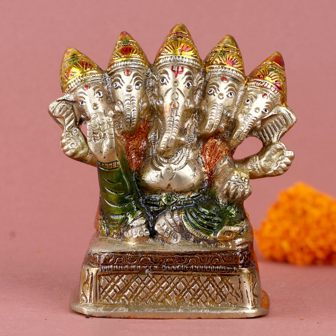 3.2 Inch Brass Panchmukhi Ganesh Statue - Handcrafted Idol for Spiritual Worship and Home Decor. No.1 Brass Idol Store www.satvikstore.in
