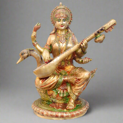 Temple-size brass Saraswati idol with glossy finish β 92 cm (36 inches) height, 63 cm (25 inches) length, and 30150 grams (30.15 kg) weight. This handcrafted temple size murti is made from high-quality brass, perfect for home temples, puja, and gifting. Buy premium temple size statues from India's Large Puja Accessories Brand - Satvik No. 1 Brass Idol Collection