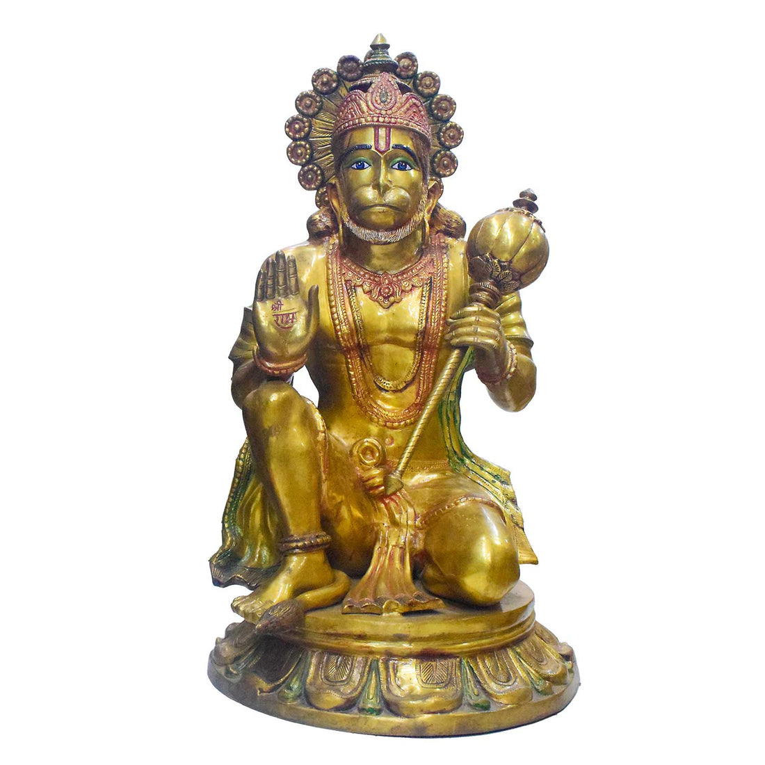 A handcrafted large brass statue of Lord Hanuman seated on a base, holding a gada (mace) and with a blessing gesture, glossy finish, weight 60000 grams (60 kg), height 97 cm (approximately 38.19 inches), length 45 cm (approximately 17.72 inches). India's Largest Puja Accessories Brand - Satvik No. 1 Brass Idol Collection