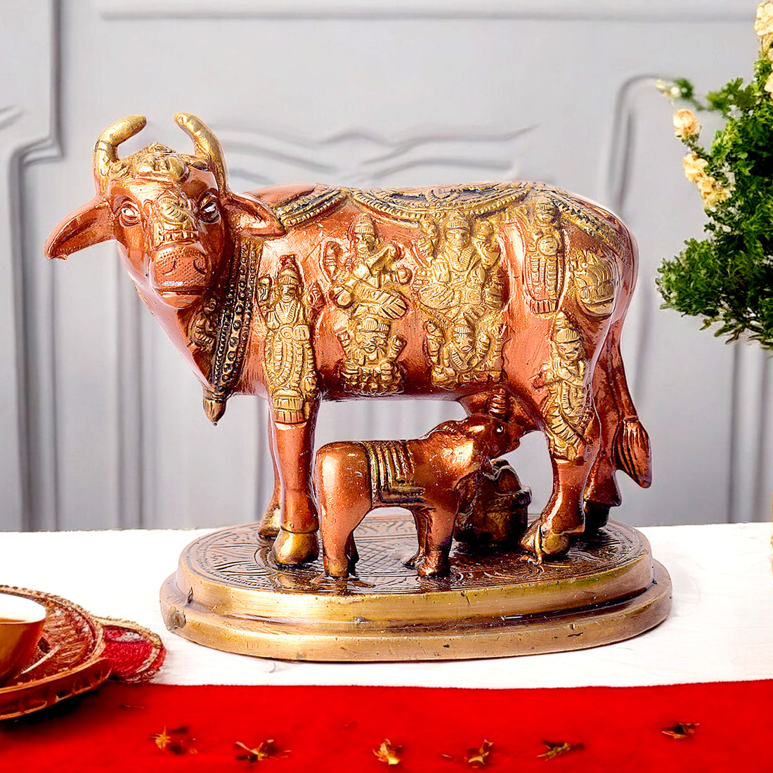 4.9 Inch Divine Brass Kamdhenu Cow with Calf Idol for Spiritual Home Decor