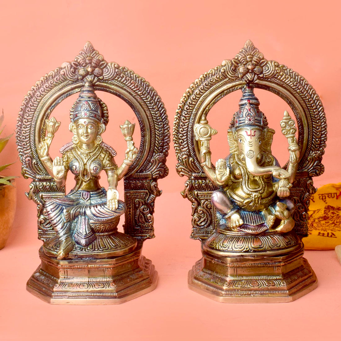 9.4 Inch Elegant Handcrafted Brass Lakshmi Ganesha Idol