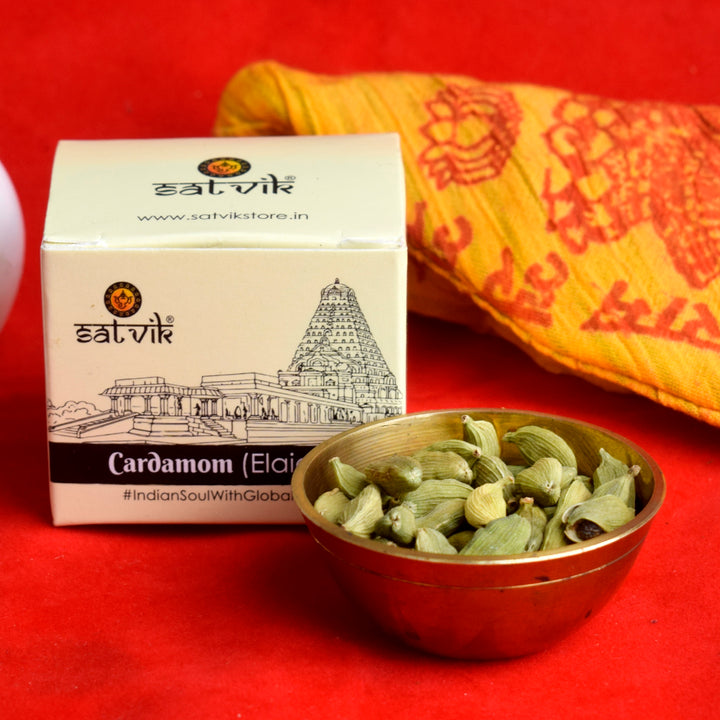 Cardamom (Elaichi) 10gm is a fragrant spice used in pooja and religious rituals to enhance the aroma of offerings, invoking divine blessings and purity during spiritual ceremonies β Indiaβs Largest Pooja Accessories Brand β www.satvikstore.in