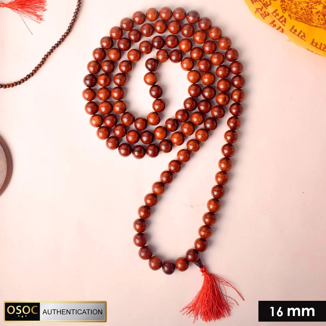 Certified 16mm 100% Original Pure Red Sandalwood Jap Mala from Andhra Pradesh, crafted for deep meditation, mantra chanting, and enhancing spiritual strength. India’s Largest Pooja Accessories Brand - www.satvikstore.i