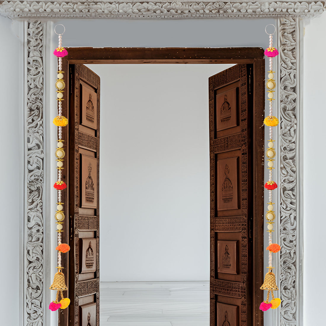 Colorful Ethnic Pom Pom Hanging Decorated with Pearls and Bell for Festive Home Decoration and Pooja Room. India’s Largest Pooja Accessories Brand – www.satvikstore.in