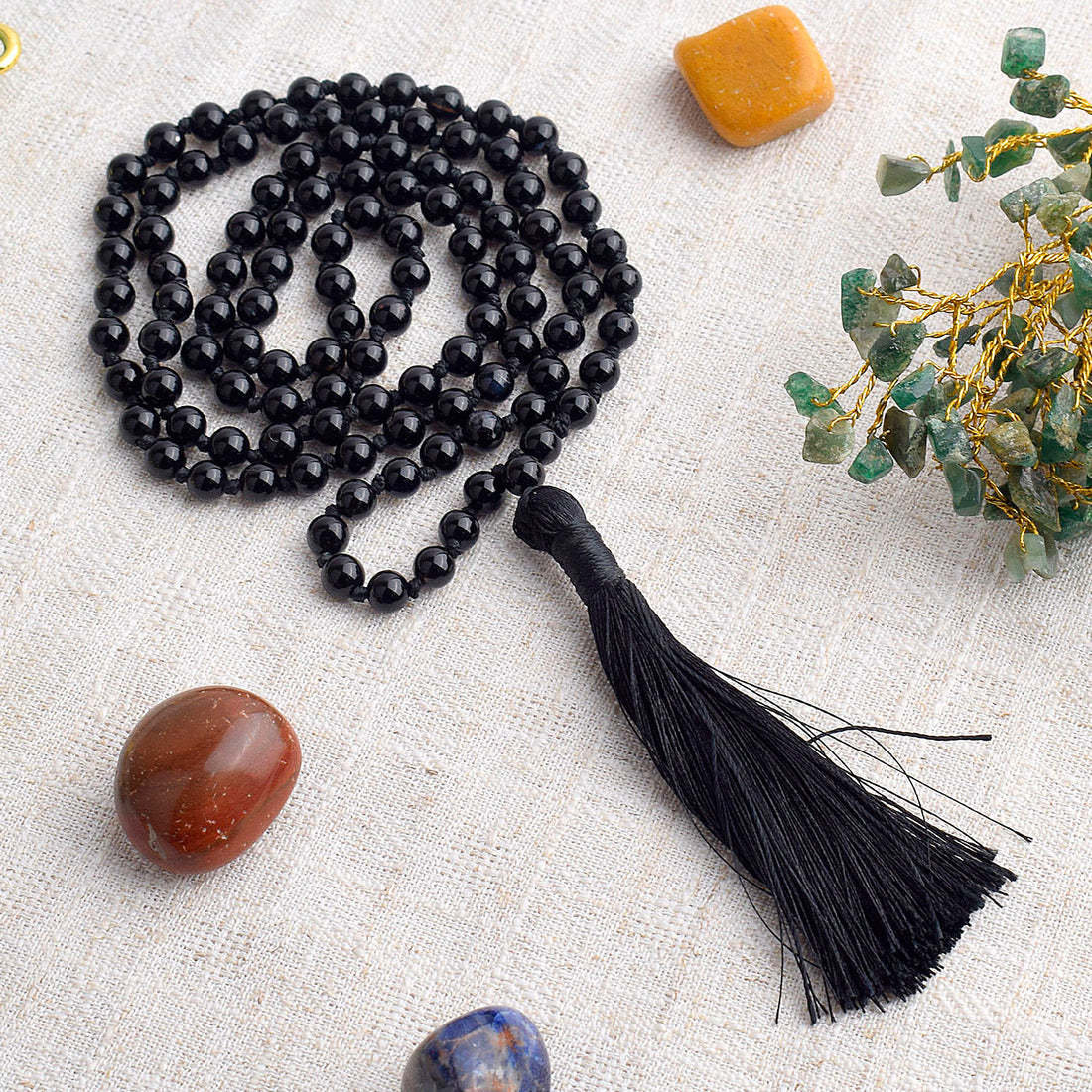 108 Beads Black Onyx Crystal Jaap Mala for Protection & Focus
