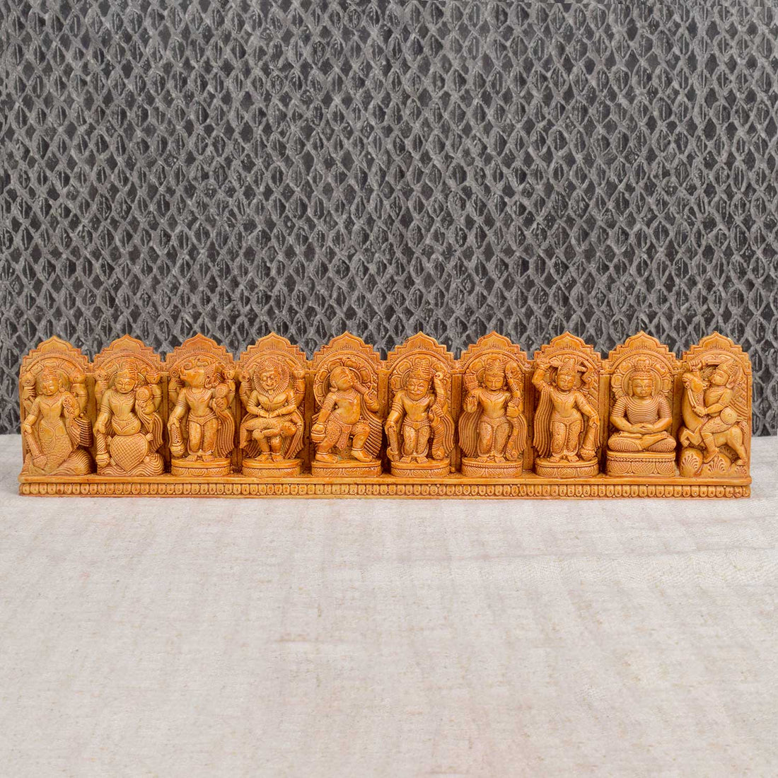 Handcrafted wooden wall décor of Lord Vishnu’s 10 avatars – Dasavatharam – with detailed carving, perfect for pooja rooms, home temples, or spiritual wall displays. India’s Largest Pooja Accessories Brand - www.satvikstore.in