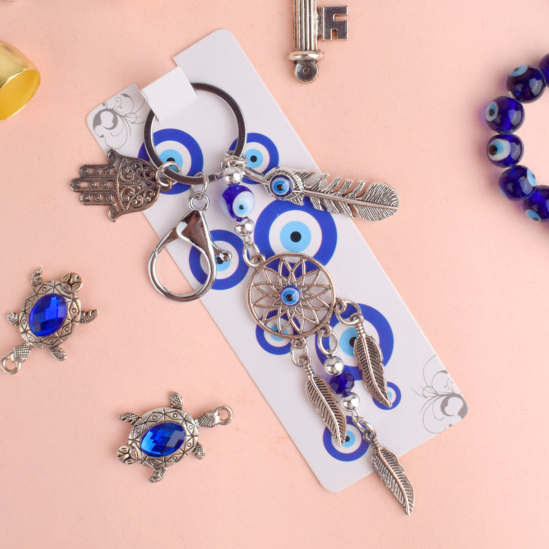 Blue Evil Eye Hamsa Leaf Dream Catcher Keychain