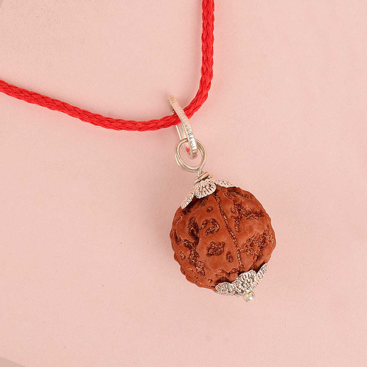 Certified 5 Mukhi Rudraksha Pendant with protective metal cap for peace and spiritual well-being. India’s Premium Rudraksha Jap Mala Store- www.satvikstore.in