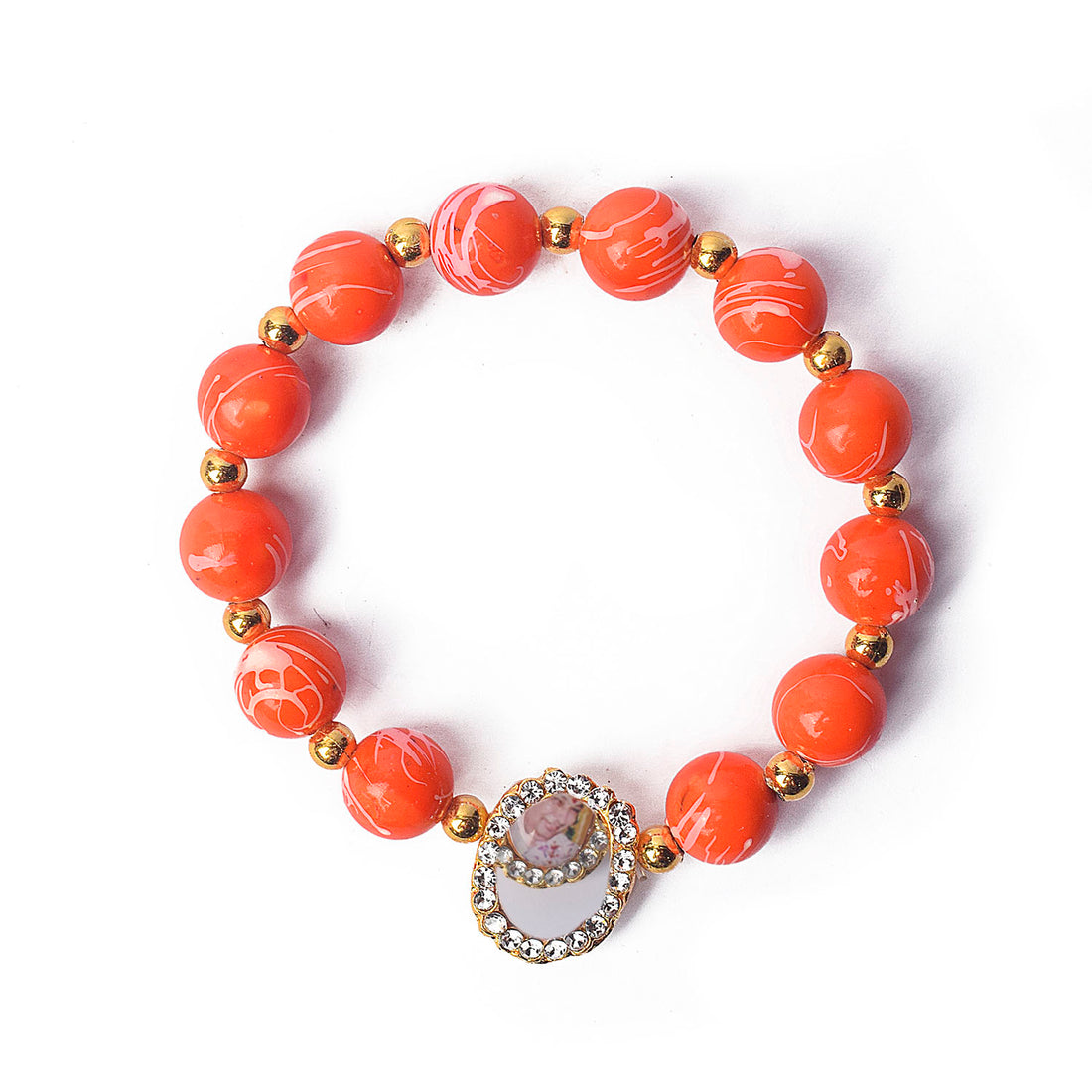Orange Round Pearl Bracelet with Jai Guruji Swaroop Handmade Bracelets for Men and Women