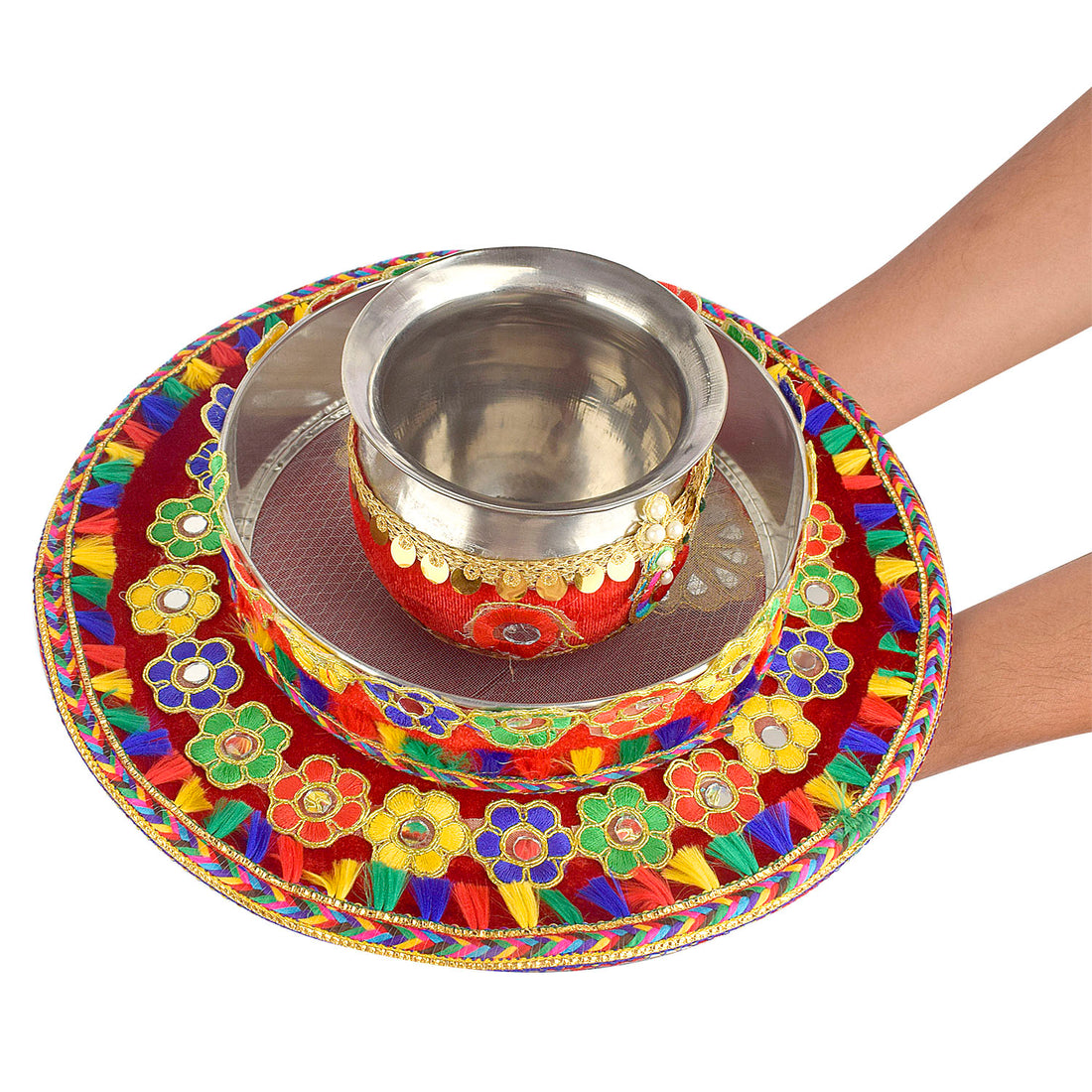 Karwa Chauth Handmade Floral Thali Set - 3pc