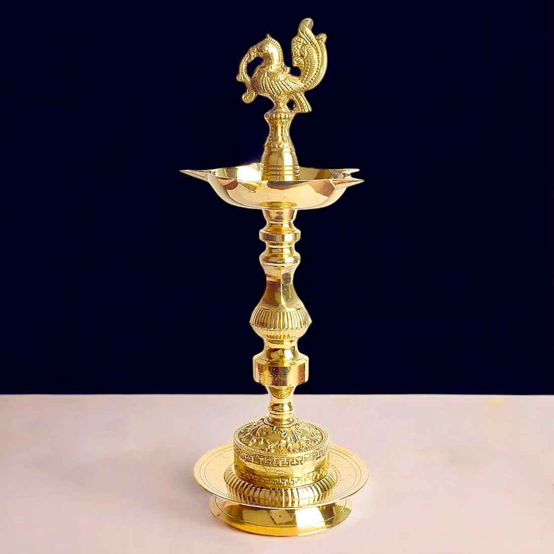 13 Inch Brass 1 Step Embossed Peacock Kerala Stand Diya