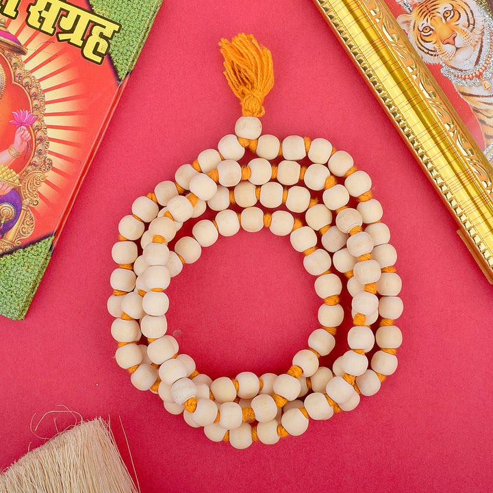 Handcrafted Wooden White Jap Mala with smooth, polished white wooden beads, perfect for prayer, meditation, and spiritual practices. Indiaβs Premium Jap Mala Store- www.satvikstore.in