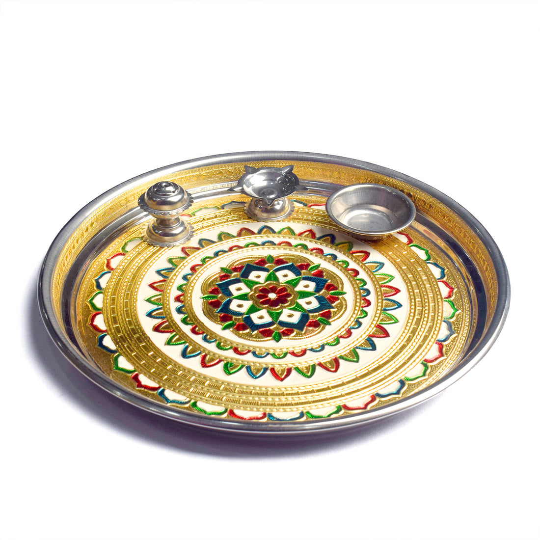 Stainless Serenity - Elegant Printed Pooja Aarti Thali Set