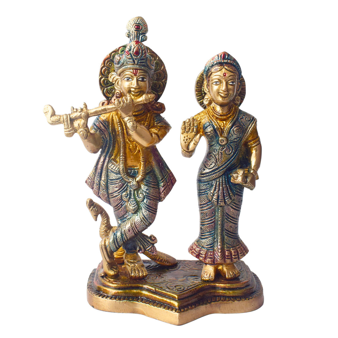 The 8 Inch Radha Krishna Idol โ A Symbol of True Devotion and Love is a magnificent representation of the eternal bond between Radha and Krishna, capturing the purity and depth of their divine love. This beautifully crafted idol depicts Krishna playing his flute, while Radha stands beside him, radiating grace, love, and devotion.