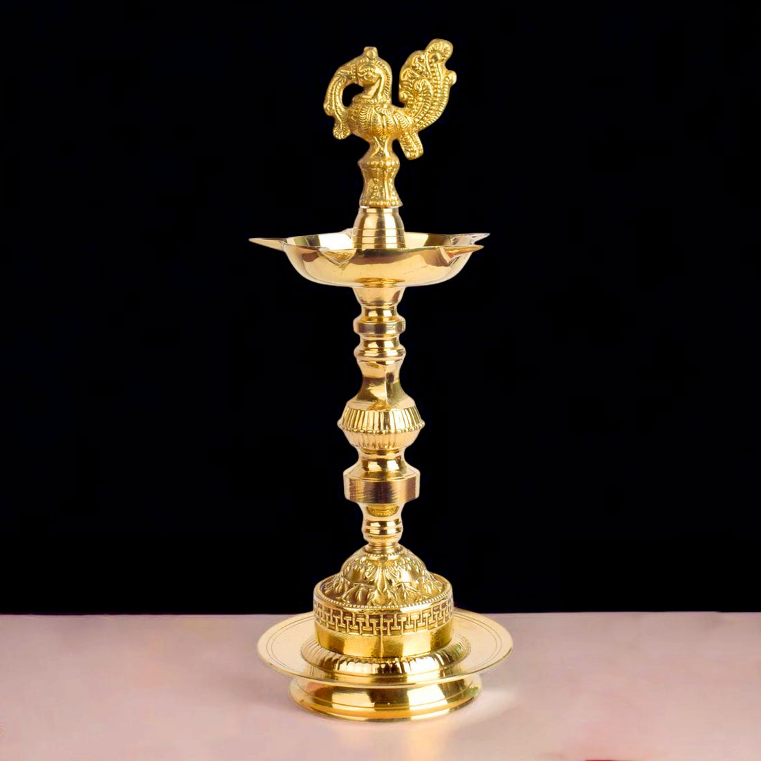 11 Inch 1 Step Embossed Peacock Kerala Stand Diya