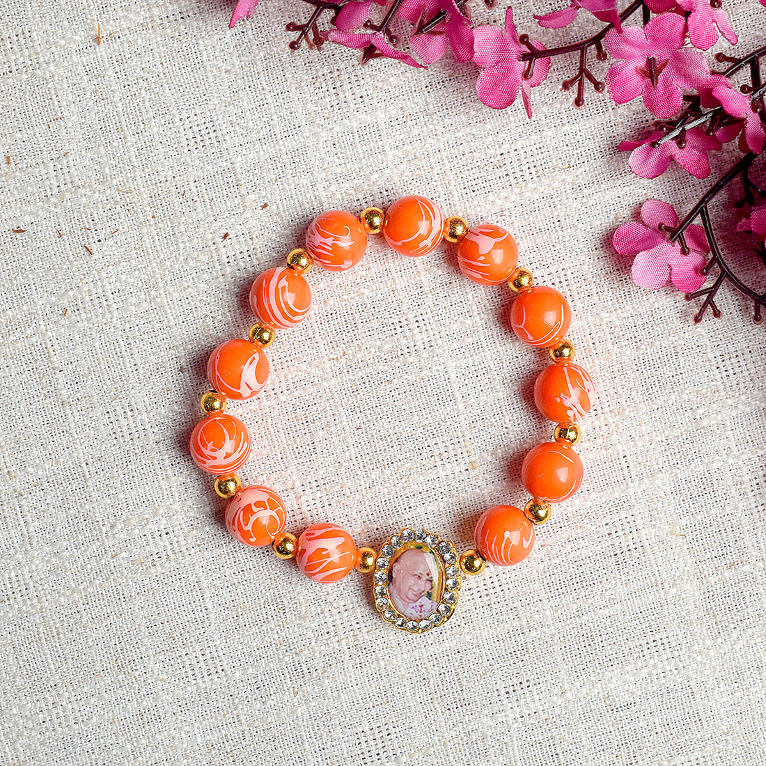 Orange Round Pearl Bracelet with Jai Guruji Swaroop Handmade Bracelets for Men and Women