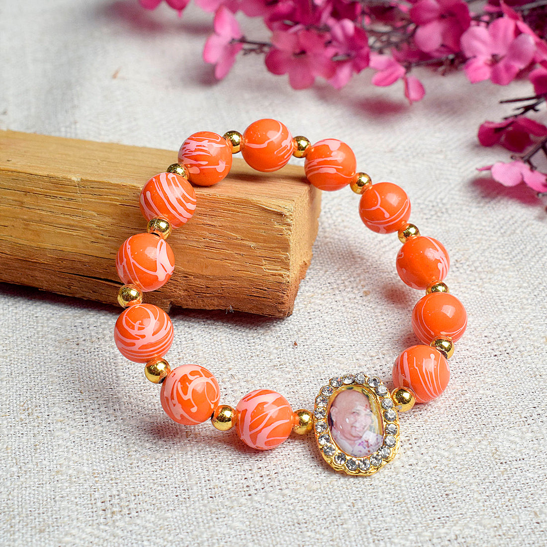 Orange Round Pearl Bracelet with Jai Guruji Swaroop Handmade Bracelets for Men and Women