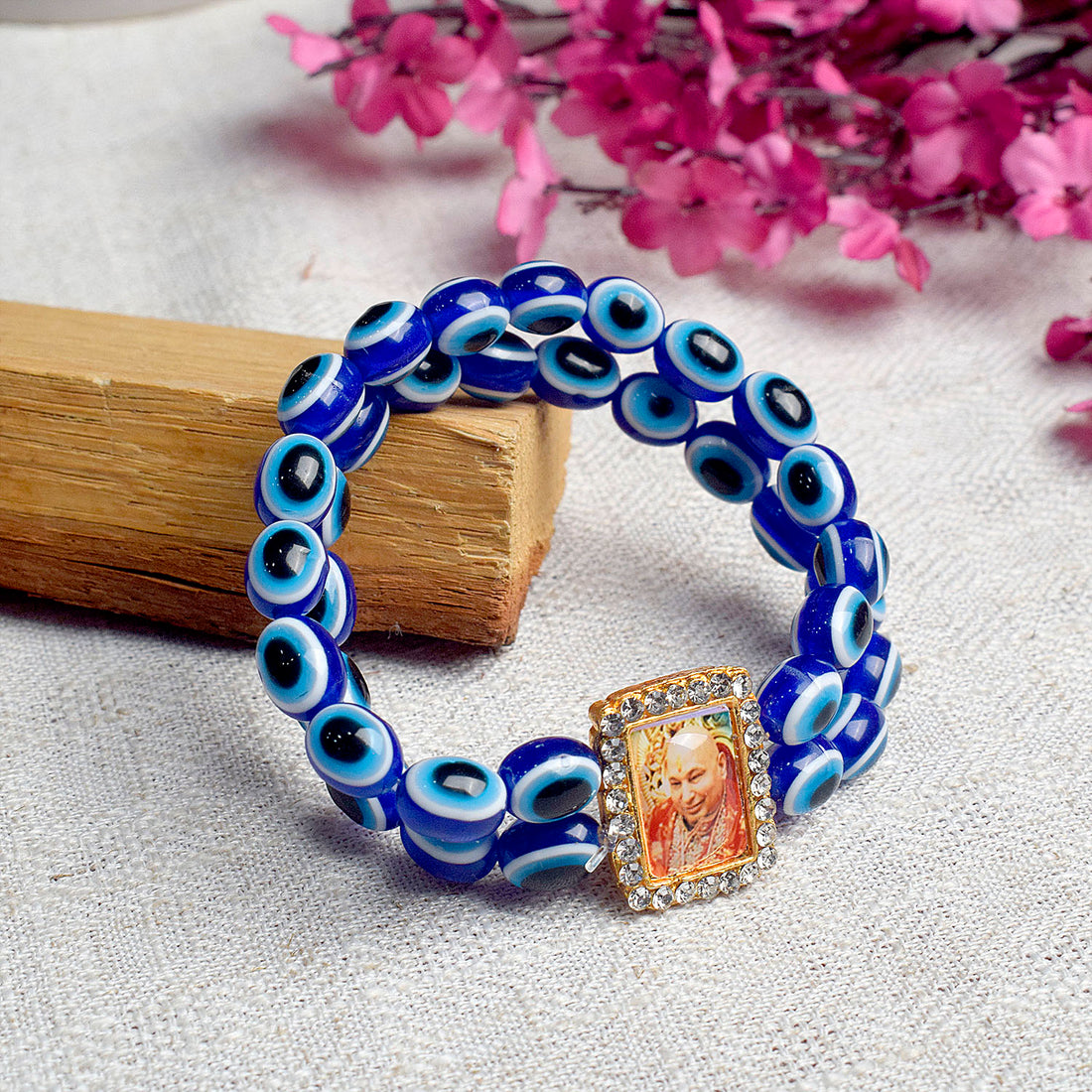 Blue Evil Eye Round Pearl Bracelet with Jai Guruji Swaroop