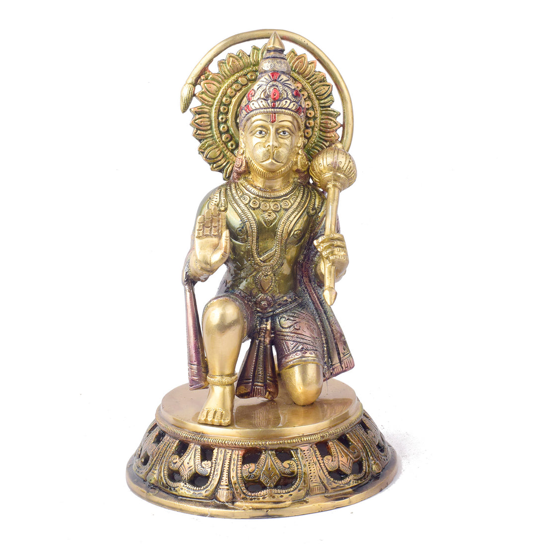 The "10.6 Inch Brass Hanuman Idol โ Protector of Courage and Faith" is a stunningly detailed representation of Lord Hanuman, the embodiment of strength, devotion, and unwavering courage.